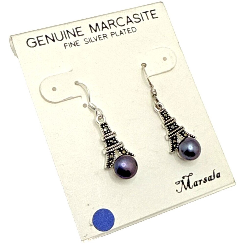 New MARSALA Genuine Pearl Eiffel Tower Earrings Marcasite Silver Plated NWT